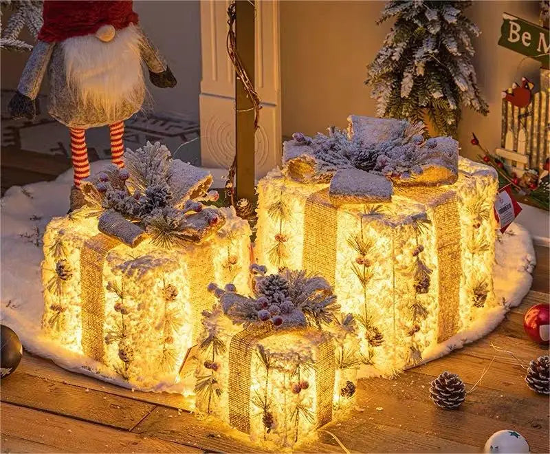 Decorative LED Gift Box Set with Bow - 3/4pcs Hollow Christmas Lights for Home, Outdoor, and Party Decor