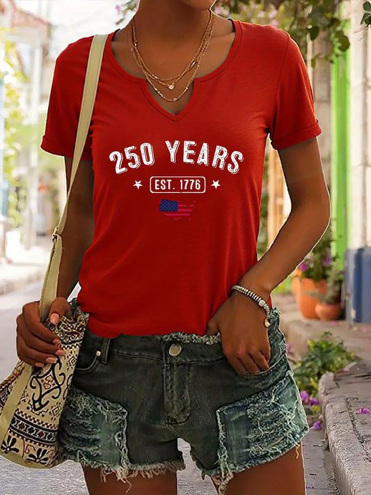 Breathable women's t-shirt – V-neck, short sleeve, patriotic EST.1776 USA print, casual top