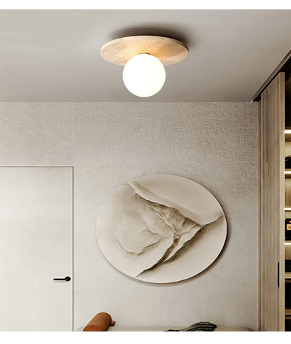 Japandi Travertine Ceiling Light Wood Cap Round Mid Century Lamp