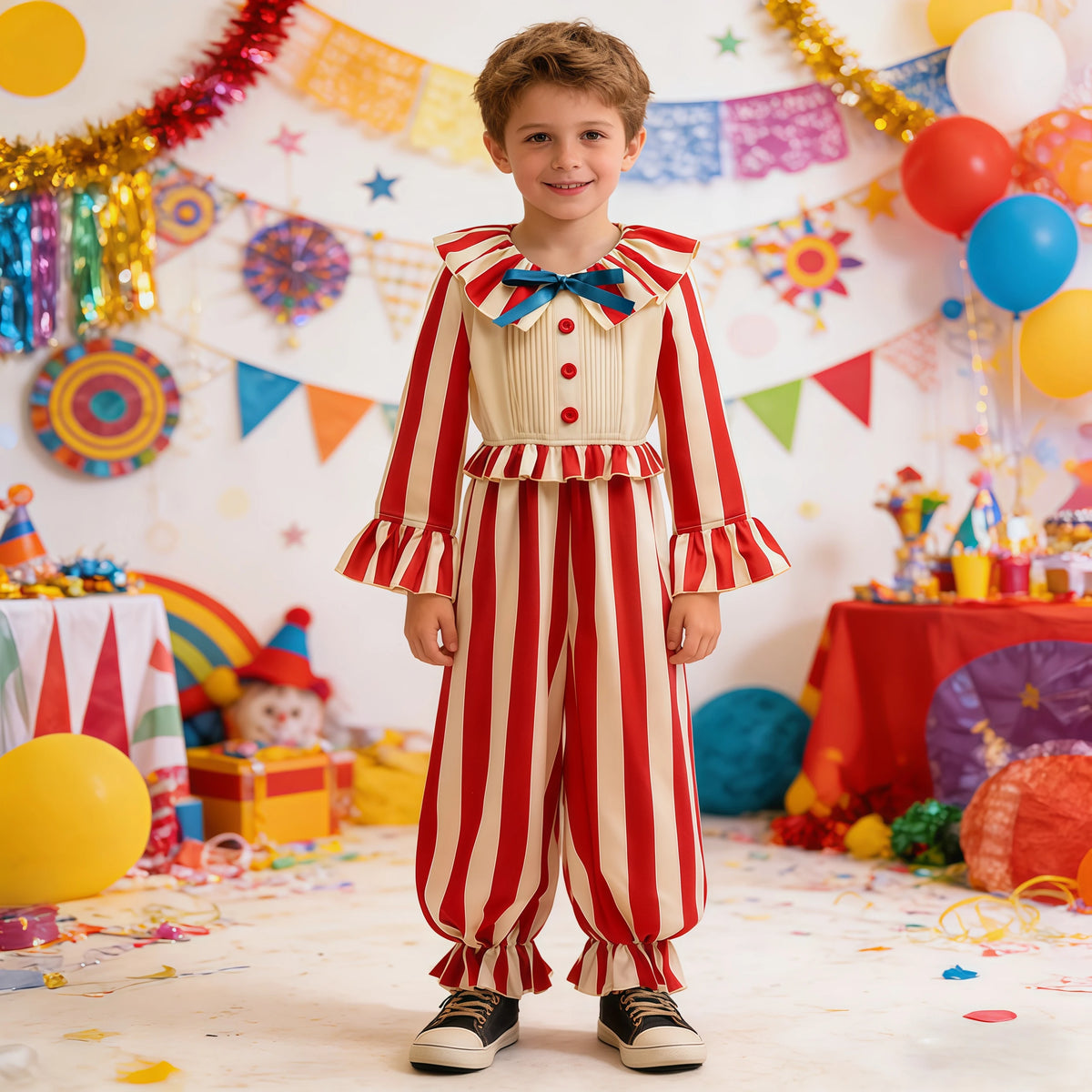 Gestreept jumpsuit voor jongens met circusclownmotief, Halloween-carnavalskostuum, verjaardagsgoochelaarsoutfit voor op het podium 2026