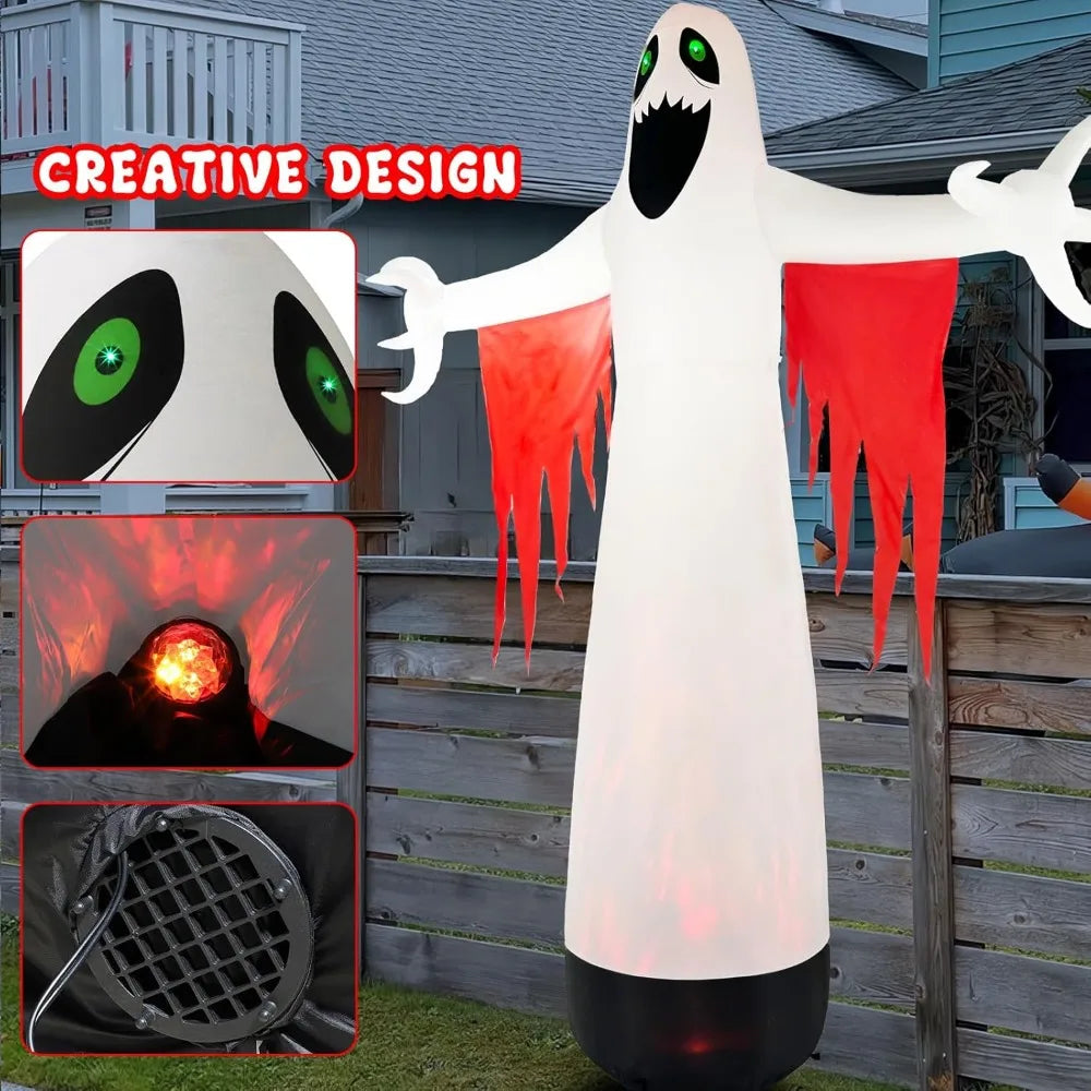 Giant Halloween Inflatable Ghost with LED Green Eyes – Scary Yard Decoration for Halloween Parties