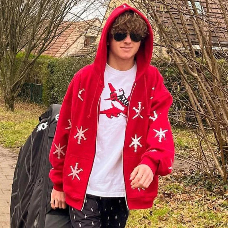 Overdimensjonert herre hettejakke med glidelås - Rhinestone skjelett, bomull