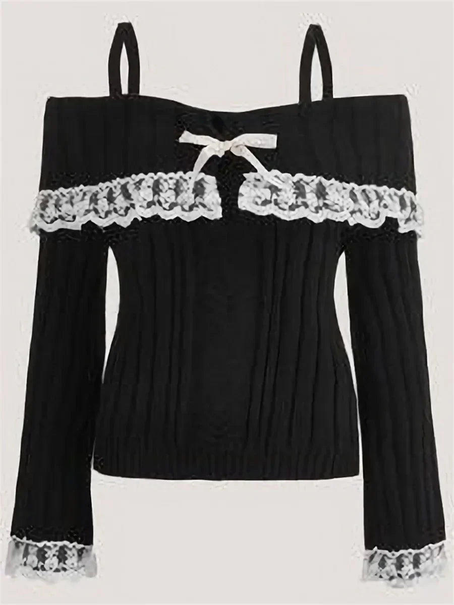 Fitted Womens Off Shoulder Sweater - Ribbed Lace Trim