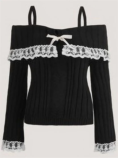 Fitted Womens Off Shoulder Sweater - Ribbed Lace Trim