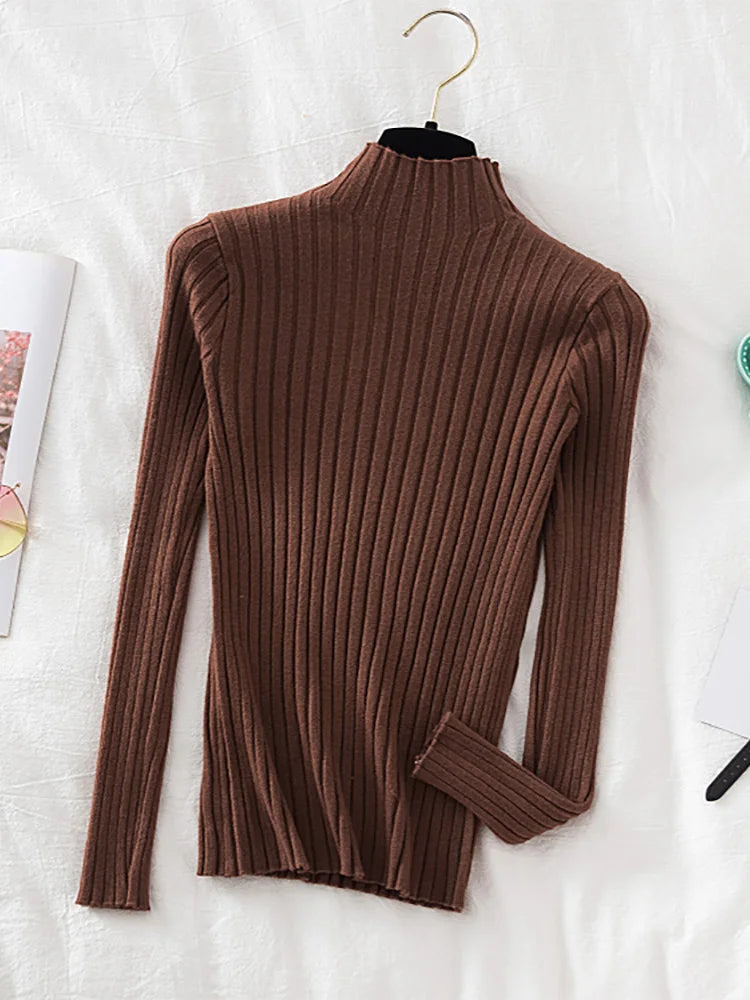 Stretchy Flattering Women Ribbed Sweater - Mock Neck, Knit