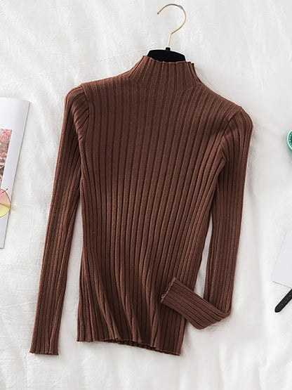 Stretchy Flattering Women Ribbed Sweater - Mock Neck, Knit