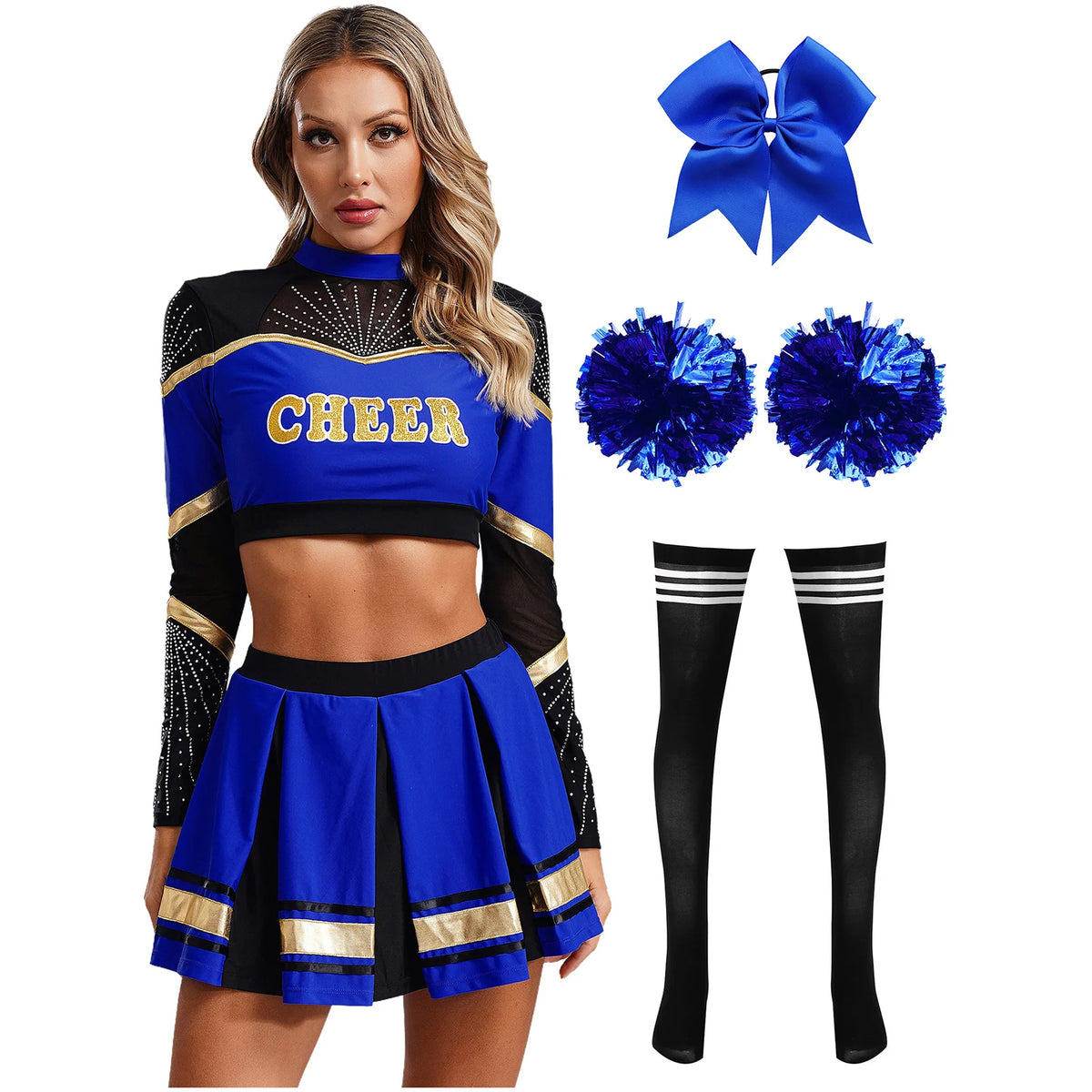 Cosplaykostuum voor cheerleaderoptredens voor vrouwen, crop-top met lange mouwen en geplooide rok met pompons 2026