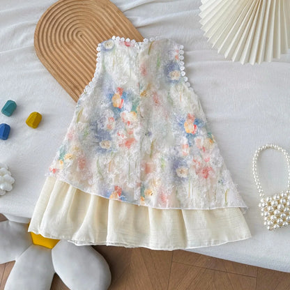 Weiches Mädchenkleid - Ärmelloses Kleid mit Blumenmuster und Schleife, Baumwoll-Polyester-Mischung, Lässige Sommerkleidung