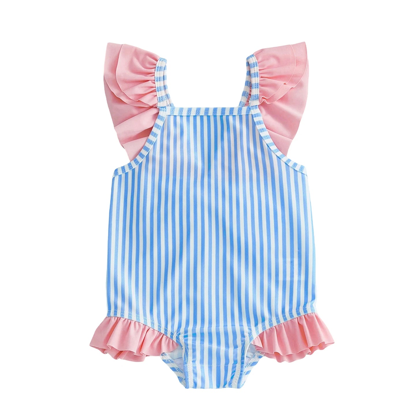 Breathable Baby Girls Swim Romper - Striped Print, Flutter Sleeves, Polyester-Elastane Blend, For Pool and Beach