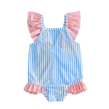 Breathable Baby Girls Swim Romper - Striped Print, Flutter Sleeves, Polyester-Elastane Blend, For Pool and Beach