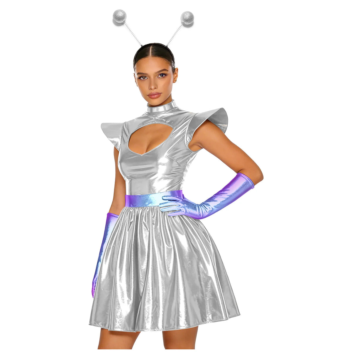 Zilverkleurige metallic astronauten-alien-tutu-jurk voor vrouwen, cosplayruimtecadetromper, Halloweenfeestjurk 2026