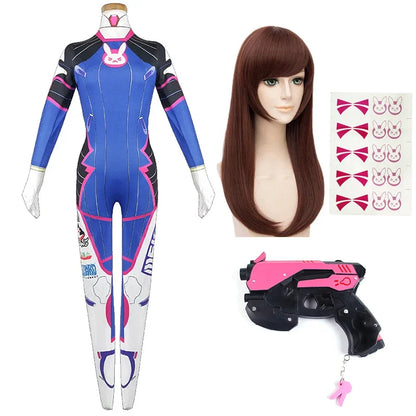 Overwatch DVa Meka Pilot Zentai Jumpsuit Cosplay Costume Set with Wig Headphones and Gun Props 2026