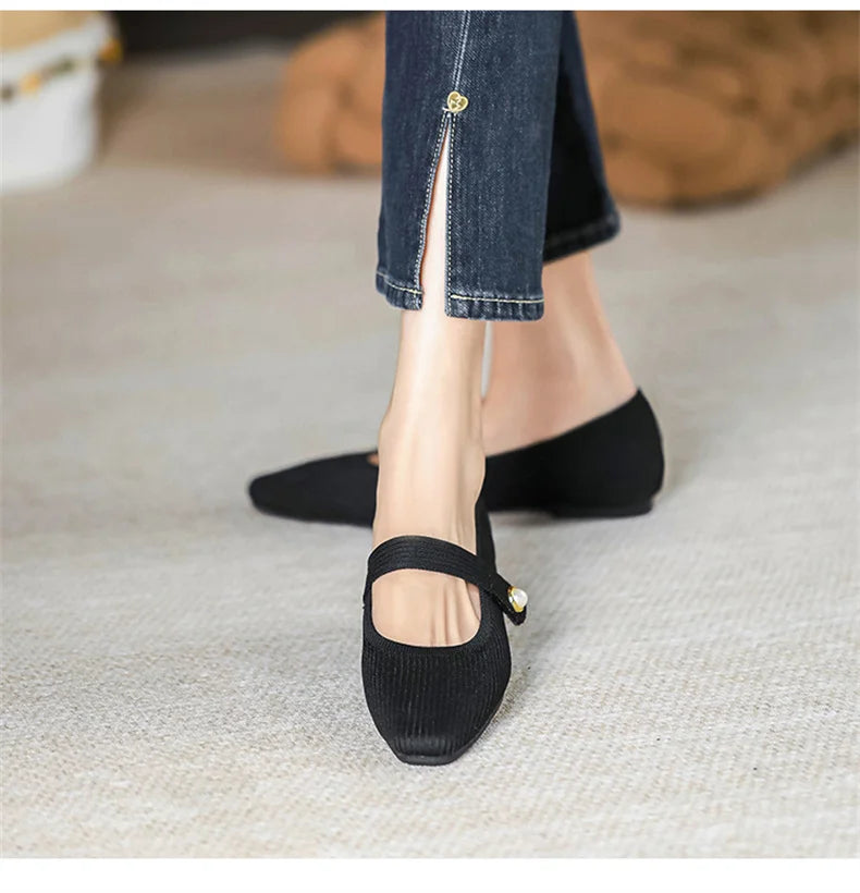 Stretchy Women Mary Jane Flats - Ribbed Knit For Spring