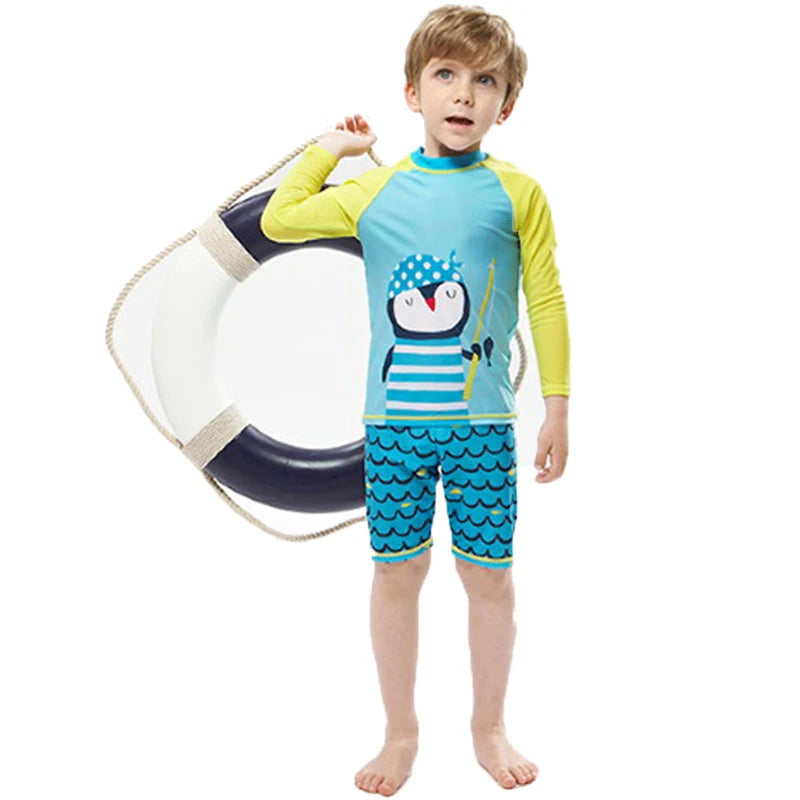 Hurtigtørrende unisex badedragt sæt til børn - langærmet top og shorts, polyester, til sommersvømning