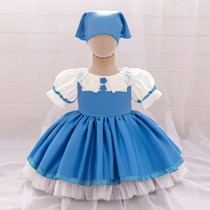 Vestito morbido e lusinghiero per bambina - stile grembiule con pizzo, lunghezza al ginocchio, poliestere, viscosa, festa di compleanno