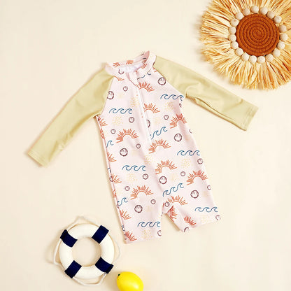 Soft Unisex Baby One-Piece Swimsuit - Zip-Front, Long-Sleeve, Print Pattern, Polyester, Summer Beachwear