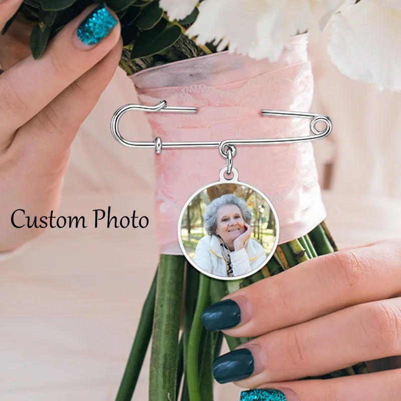 Custom Photo Brooch Pin - Personalized Memorial Picture Wedding Boutonniere Pendant, Zinc Alloy