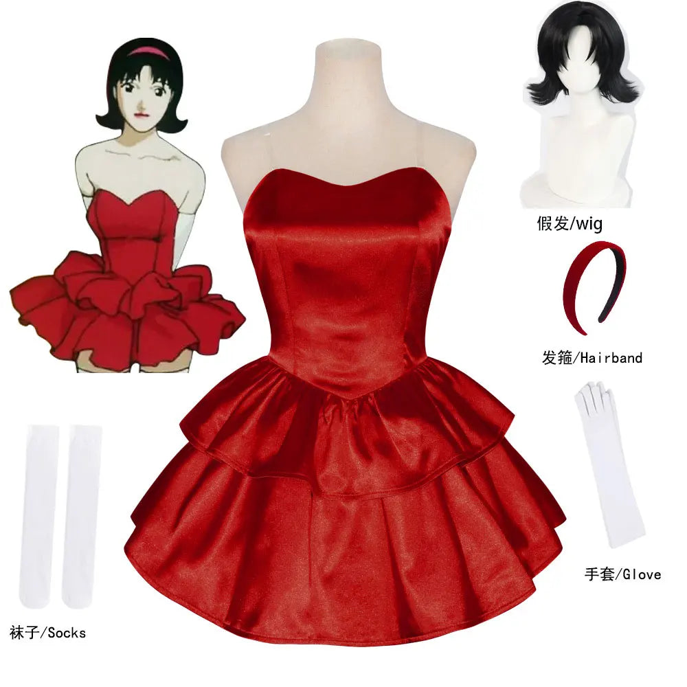 Perfect Blue Mima anime-cosplaykostuum, rode tubetopjurk met haarband, kousen en handschoenen voor vrouwen 2026