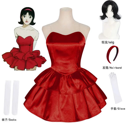 Perfect Blue Mima anime-cosplaykostuum, rode tubetopjurk met haarband, kousen en handschoenen voor vrouwen 2026