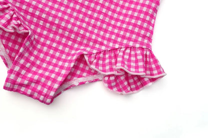 Quick-Dry Unisex Kids Swimsuit - One-Piece Gingham Plaid, Polyester, For Summer Vacation