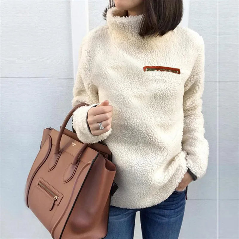 Warm Women's Turtleneck Pullover - Relaxed Sherpa Layering