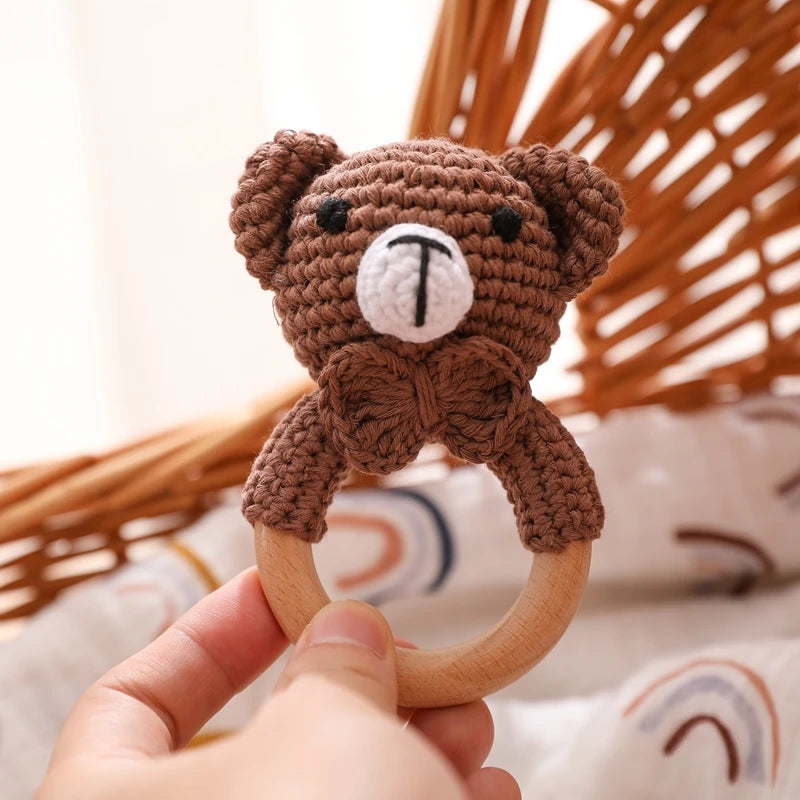 Crochet Bear Teether Rattle Ring Newborn Sensory Toys