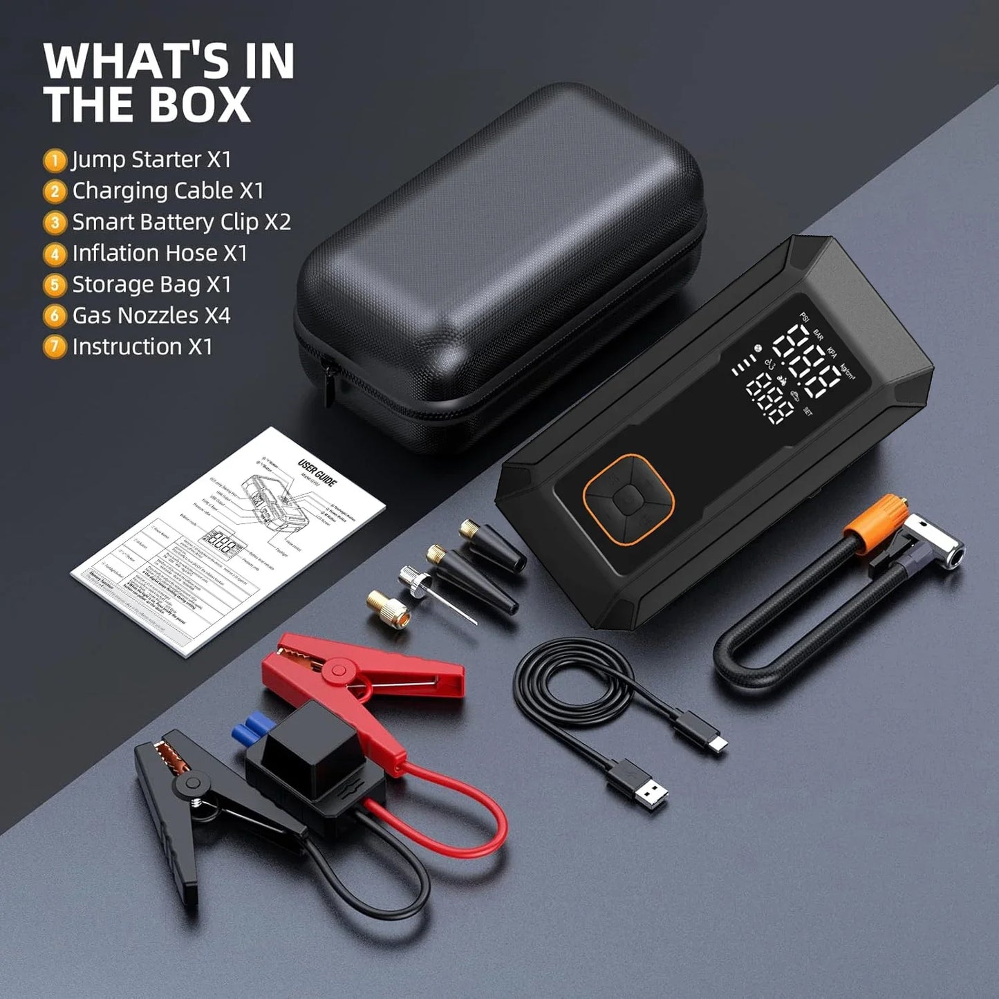 Bilstartare Allt-i-ett Luftpump Däckpump Bärbar Powerbank LED-lampa Fall 2025