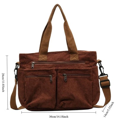 Relaxed women's corduroy messenger bag – multi-pocket, casual commuter tote, oversized