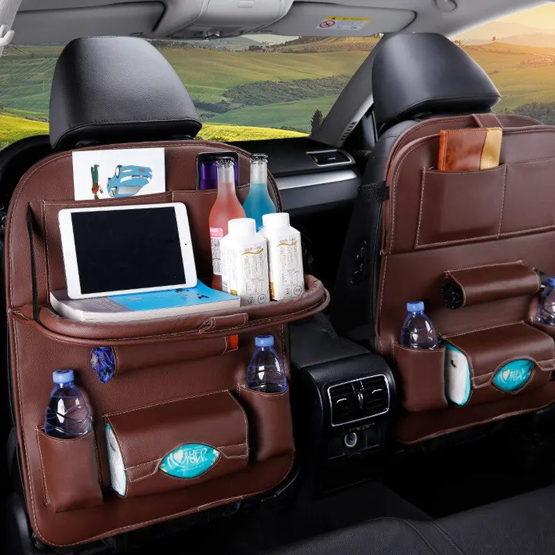 Car Seat Back Organizer with Foldable Table Tray & Pockets - Car Accessories PU Leather