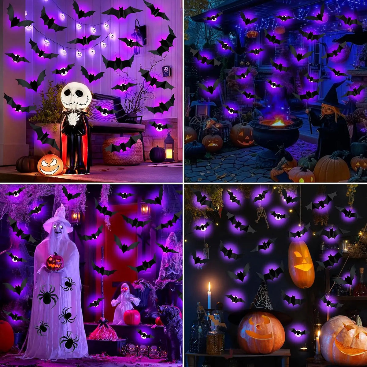 3D-paarse en groene LED-nachtlamp als Halloween-vleermuis en -spin, zelfklevende muurstickers voor huis en feestdecoratie 2026