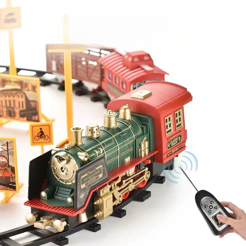 Remote Control Antique Steam Train Set - Christmas Gift for Kids, Rechargeable Electric Train with Lights & Sounds for Holiday Fun