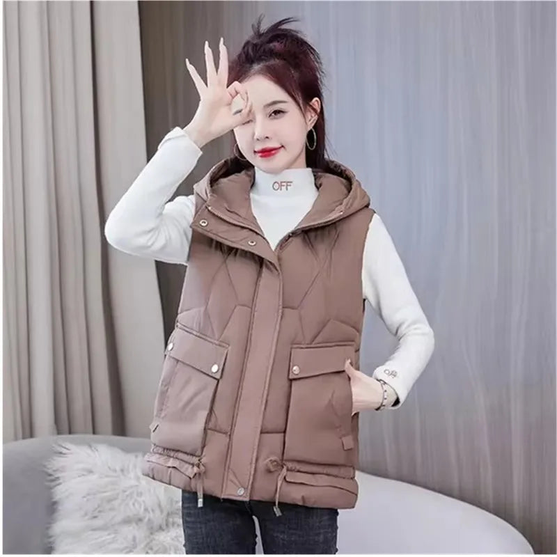 Warm Cozy Women Puffer Vest - Hooded Midlength, Winter