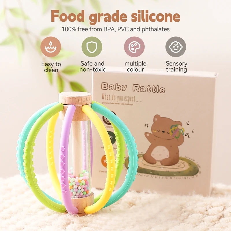 Baby Rattle Silicone Teether Wooden Newborn Sensory Toys