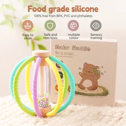 Baby Rattle Silicone Teether Wooden Newborn Sensory Toys