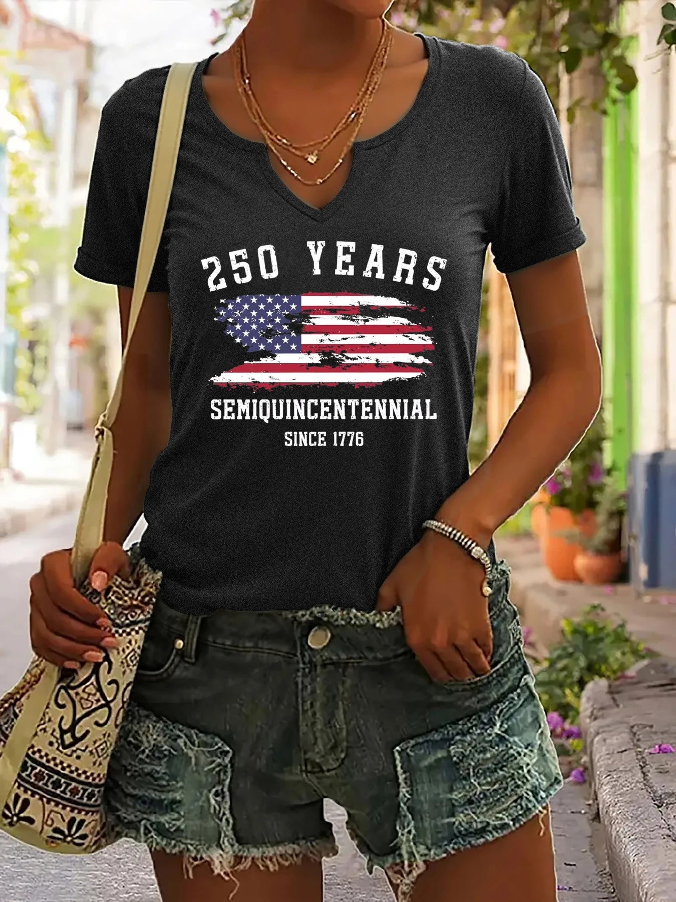 Soft Women's V-Neck T-Shirt - Short Sleeve, Patriotic Semiquincentennial Flag Print, Casual Top