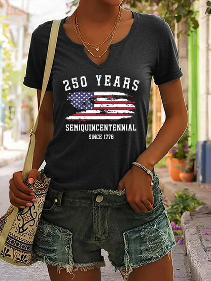 Soft Women's V-Neck T-Shirt - Short Sleeve, Patriotic Semiquincentennial Flag Print, Casual Top