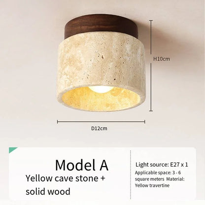 Japandi Travertine Ceiling Light Wood Cap Round Mid Century Lamp