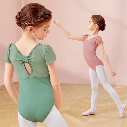 Elastischer Ballett-Body für Mädchen – kurzärmlig, Schleifendetail am Rücken, Baumwoll-Elasthan, für Tanzunterricht