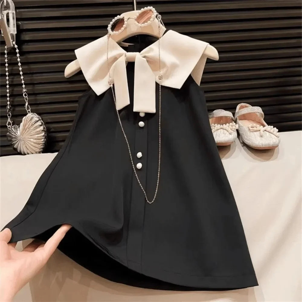 Soft and flattering girls' knee-length dress - sleeveless, bow-collar, polyester, birthday party