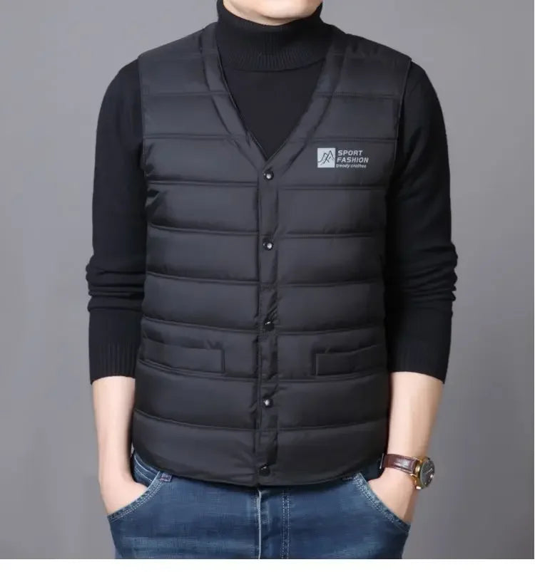 Warm Men's Down Vest - V Neck Quilted Cotton, Winter
