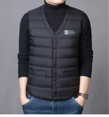 Warm Men's Down Vest - V Neck Quilted Cotton, Winter