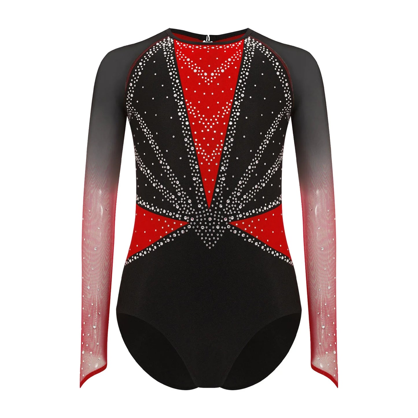 Strækbar pige dragt - flatterende, rhinsten-detaljeret, langærmet, mesh-panel, polyester elastan, til gymnastik