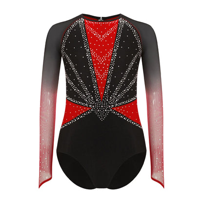 Strækbar pige dragt - flatterende, rhinsten-detaljeret, langærmet, mesh-panel, polyester elastan, til gymnastik