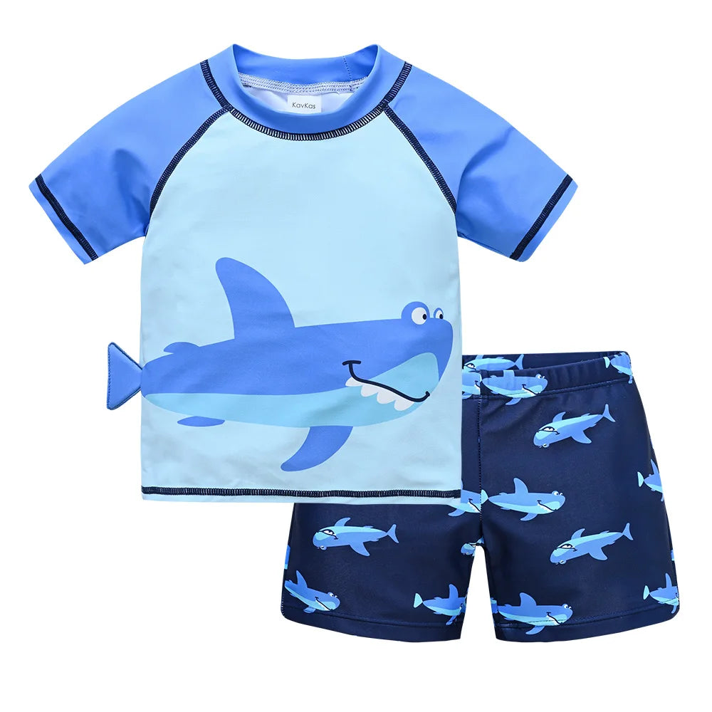Quick-Dry Boys Swimwear - Two-Piece Cartoon Print Set, Polyester/Nylon/Spandex, Summer Beachwear