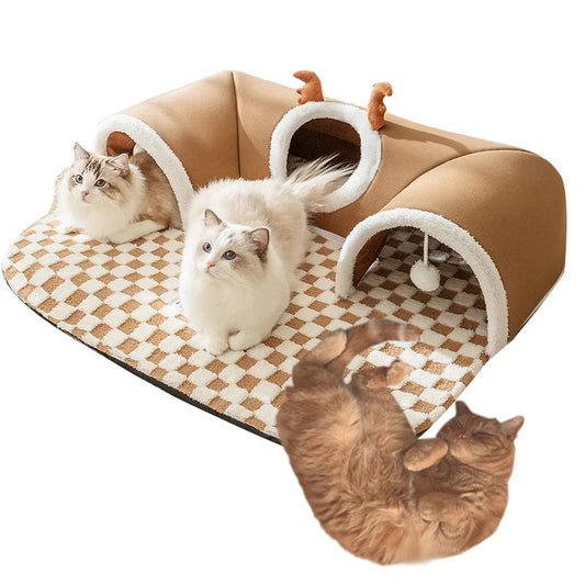 Pet Cat Tunnel Bed House with Peekaboo Plush Toy for Kittens and Small Pets