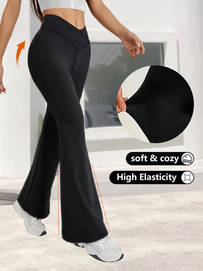 Relaxed women's high-waist wide-leg leggings – flared hem cross-waist design, casual sports trousers