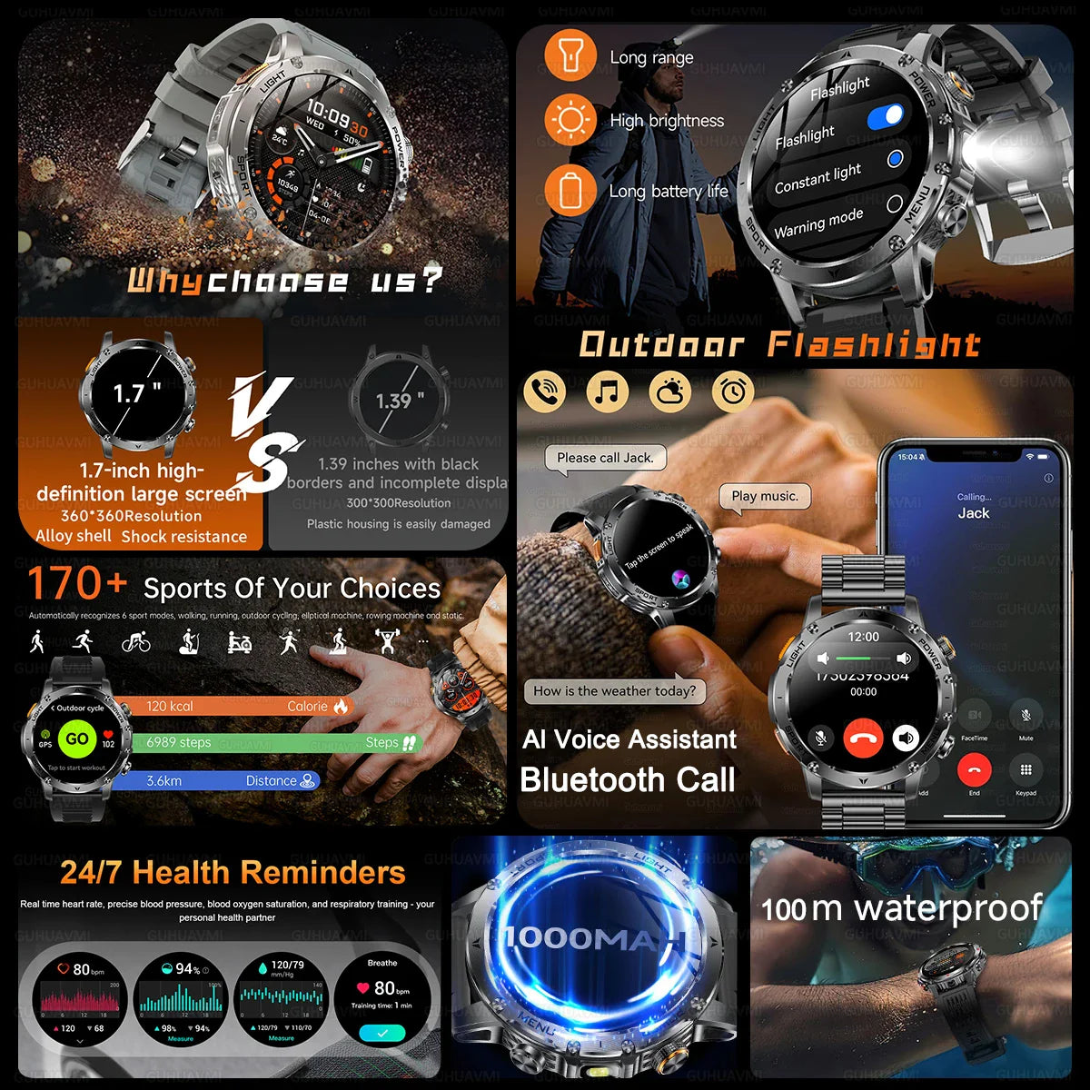 Smart Watch Military Grade Outdoor Fitness Tracker 10ATM Waterproof 100 Plus Sports Modes Fall 2025 Gift