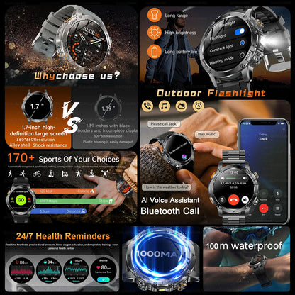 Smart Watch Military Grade Outdoor Fitness Tracker 10ATM Waterproof 100 Plus Sports Modes Fall 2025 Gift