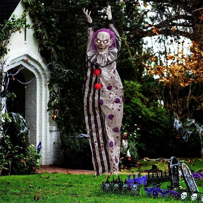 Animatronische hangende clownverpleegster met spraakbediening, elektrisch Halloween-griezelrekwisiet voor buiten en spookhuizen 2026