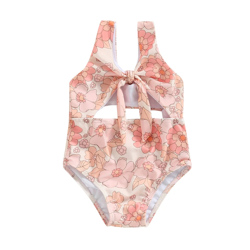 Soft Toddler Girls' One-Piece Swimsuit - Floral Print Bow-Tie Detail, Polyester, For Summer
